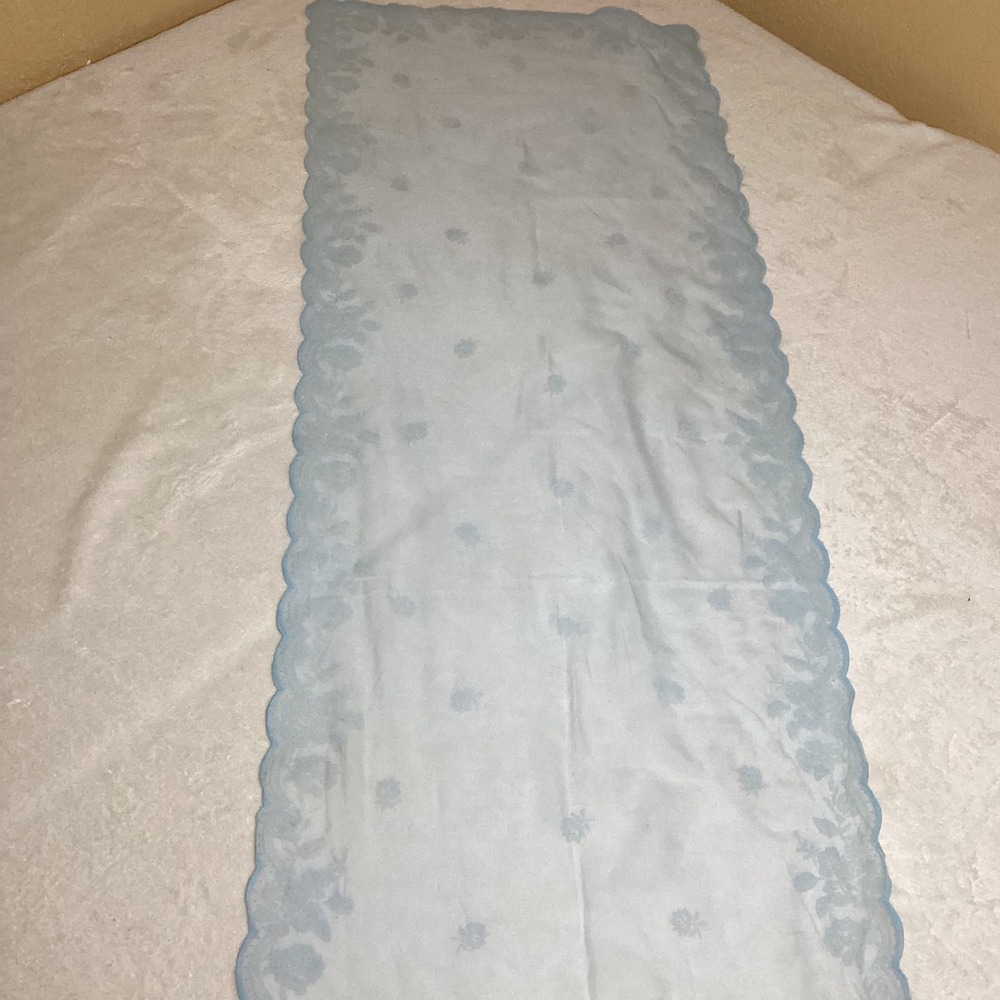 Vintage Baby Blue Nylon Table/Dresser Runner, Scalloped Edges, Velvet Embossed‎